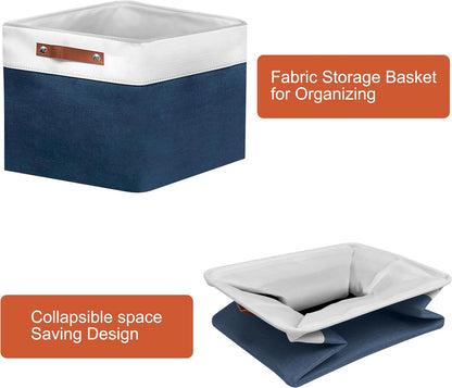 13in Open Fabric Storage Basket with Leather Handles for Organizing, Collapsible Linen Closet Bins for Shelves, Closets, Laundry, Decorative Basket for Gifts. (White＆Blue, 2PCS/13x13in)