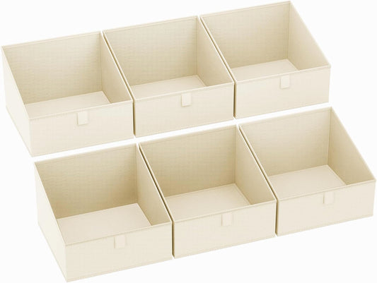DIMJ Clothing Organizer Storage Boxes - 6 Packs Fabric Traprzoid Storage Bakskets, Fabric Bins for Closet with Front Handle, Closet Cubes Organizer for Parents Renters Students RV Owners (Beige)