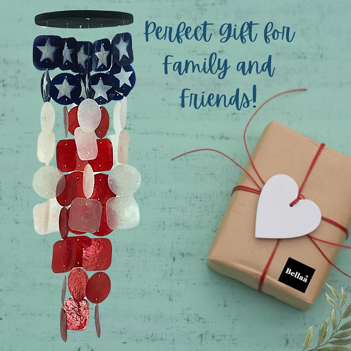 Bellaa 24834 Wind Chimes Outdoor, Garden Decorations, Musical, Indoor/Outside Windchimes, Beach, Ocean Breeze, Gifts for Mom, Gift for All Occasions, Capiz Sea Glass Shells Wood American Patriotic