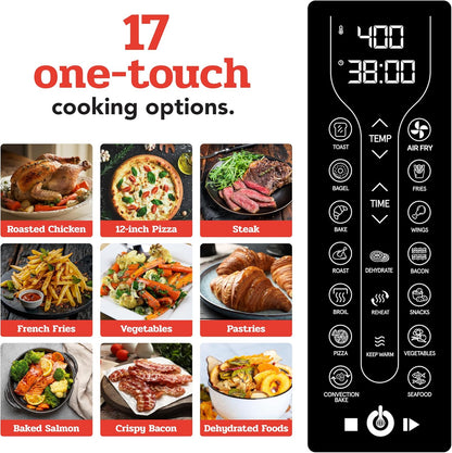 Gourmia Toaster Oven Air Fryer Combo 17 cooking presets 1700W french door digital air fryer oven 24L capacity accessories, convection rack, baking pan tray recipe book GTF7460,Large,Black