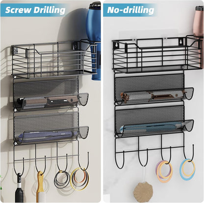 VITVITI Metal Hair Tool Organizer Wall Mount, Hair Dryer Holder with 3 Tier Shelf Basket Hooks, Bathroom Hair Styling Tool Organizer for Curling Iron/Blow Dryer/Straightener, Matte Black