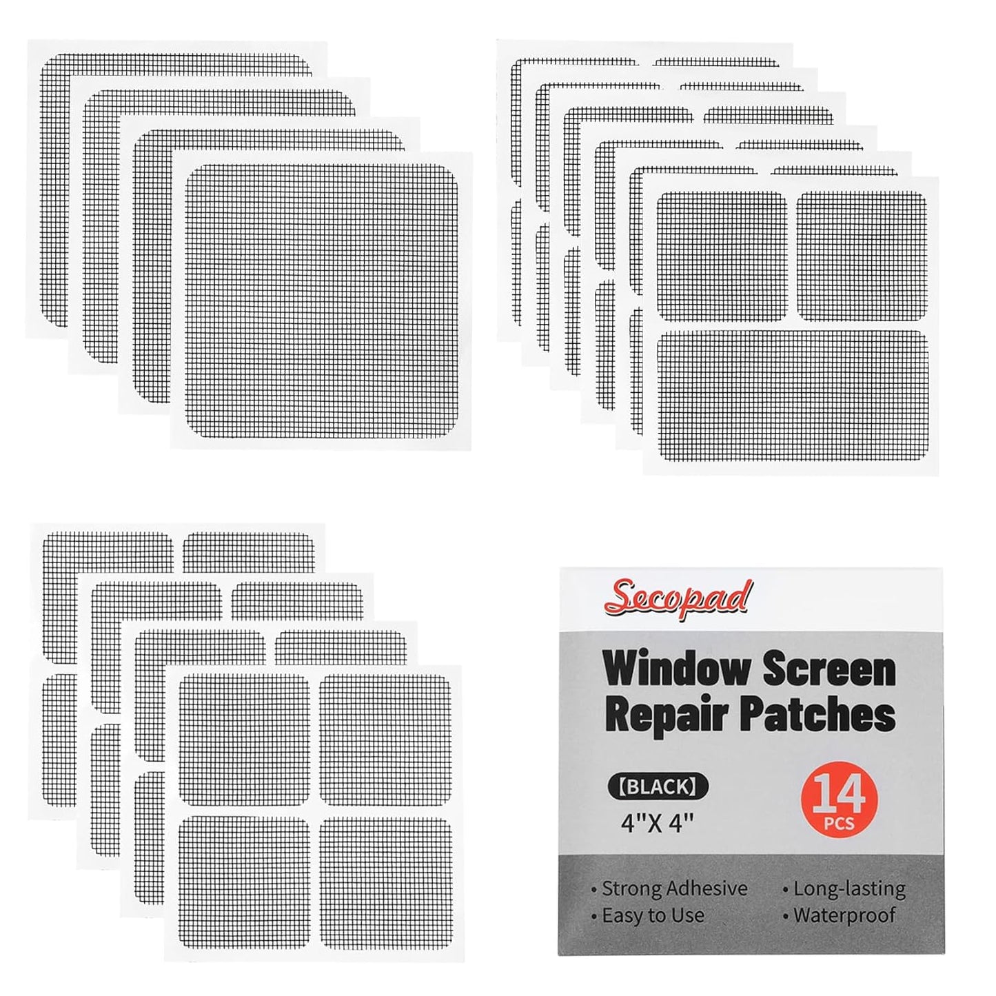 14 Sheets Window Screen Patches Repair Kit, Black 3 Sizes Window Screen Repair Kit for Mesh Screen Door, Strong Adhesive Fiberglass Quick Screen Repair Tape