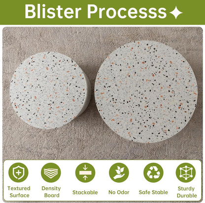 Round Nesting Coffee Table, Drum Wood Coffee Table Set of 2 Marble-Color, Modern Nesting Tables Circle Center Table 2 Piece for Small Spaces Living Room Bedroom Balcony Office, No Assembling