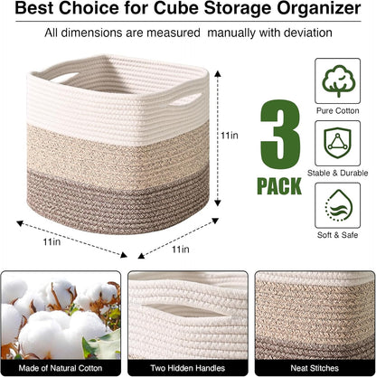 11 Inch Cube Storage Bins, Storage Cube Organizer Bins, Woven Cotton Rope Baskets for Storage, Storage Basket for Organizing Shelves, Square Baskets for Toys, Gradient Brown (Pack of 3)