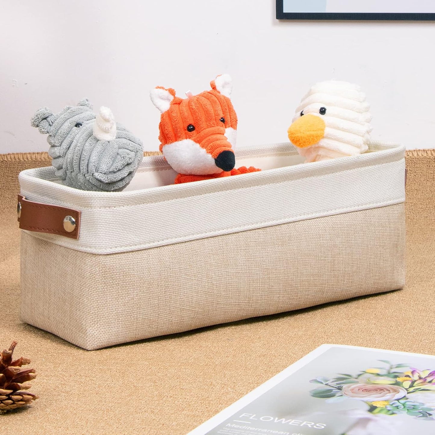 DULLEMELO Fabric Bathroom Storage Bin with Leather Handles, Narrow Organizer for Towels, Toilet Paper Rolls, Storage Basket for Back of Toilet, Vanities, Shelves & Cabinets (White&Khaki)