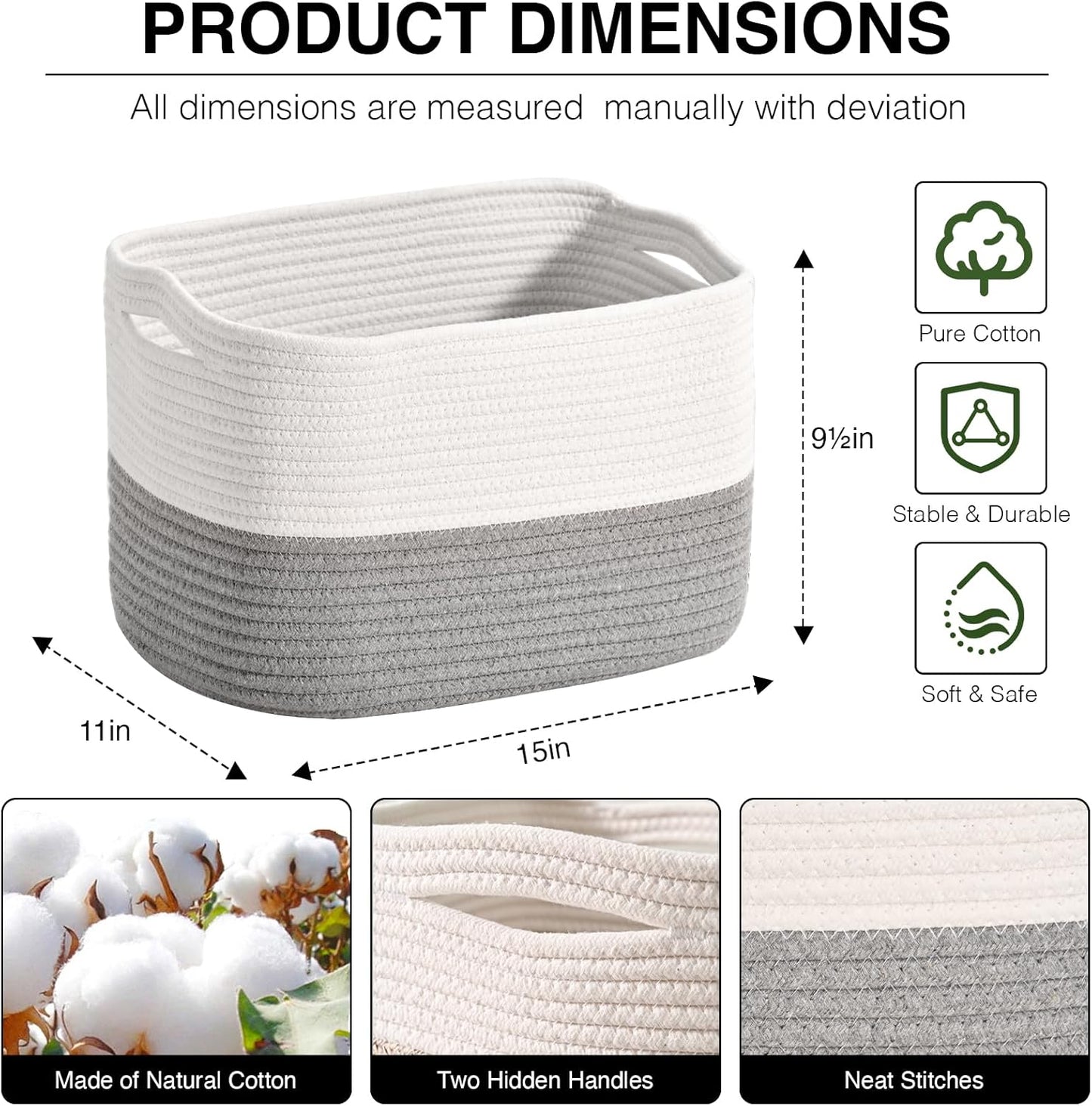 Woven Cotton Rope Storage Basket for Organizing, Cute Decorative Baskets for Gifts Empty, Organizer Bins for Dog Toy, Baby Laundry, 15“×11”×9.5“, Off White & Grey