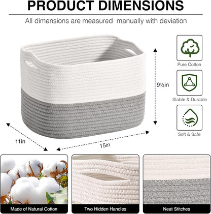 Woven Cotton Rope Storage Basket for Organizing, Cute Decorative Baskets for Gifts Empty, Organizer Bins for Dog Toy, Baby Laundry, 15“×11”×9.5“, Off White & Grey
