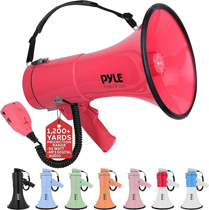 Pyle 50W Megaphone Bullhorn - Portable, Automatic Siren & Adjustable Volume, Projection Range Up to 1200 Square Yards, Aux Input, Talk, Siren, Music, Whistle, & Record, Shoulder Strap (Black)