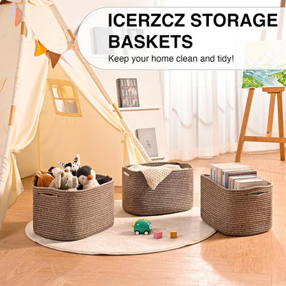 Storage Baskets for Organizing Shelves, Woven Cotton Rope Bins for Baby Nursery Organization, Book Toy Towel Organizer, 15"x11"x9.5", 3 Packs, Dark Brown