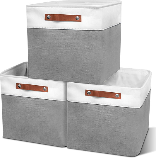 11in Open Fabric Storage Basket with Leather Handles for Organizing, Collapsible Linen Closet Bins for Shelves, Closets, Laundry, Decorative Basket for Gifts. (White＆Gray, 3PCS/11x11in)