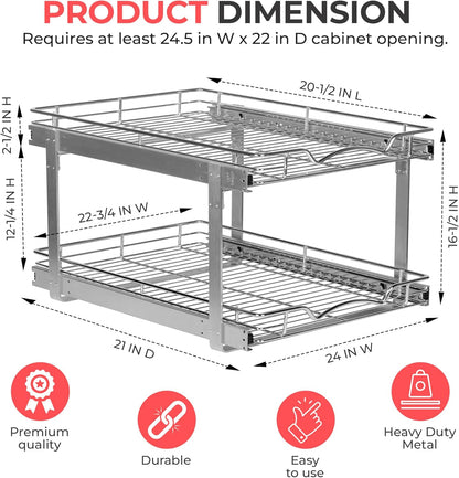 HOLDN’ STORAGE Two Tier Pull Out Cabinet Organizer, Individual Sliding Drawers - Heavy Duty Metal with Lifetime Limited Warranty - Anti Rust Chrome Finish - 24" W x 21”D x 16.5" H
