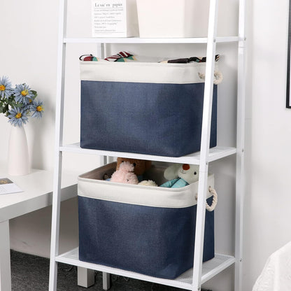 Bidtakay Fabric Storage Baskets with Handles for Organizing 16" x 11.8" x 11.8" Navy Blue Baskets [2-Pack] Shelf Baskets Large Canvas Collapsible Bins for Closet (White&Blue)