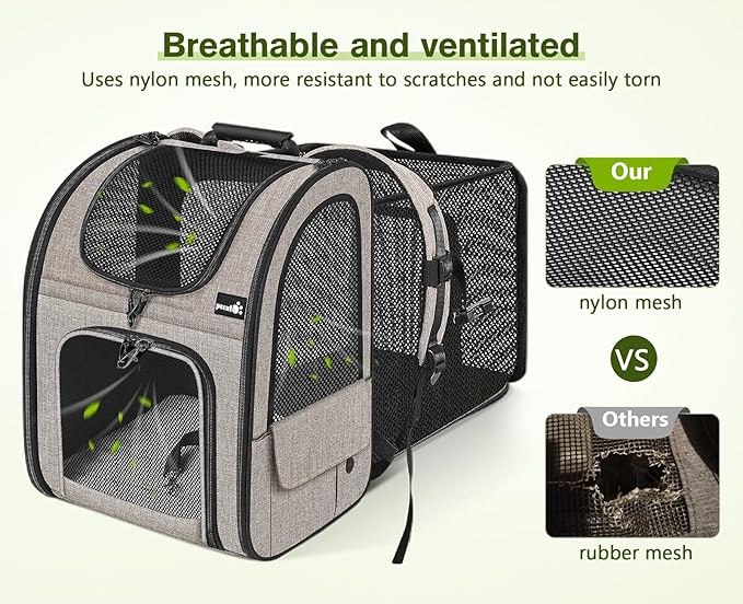 Pecute Pet Carrier Backpack, Large Cat Carrier Backpack, Expandable Cat Backpack with Breathable Mesh for Medium Large Cats, and Small Dogs, Dog Backpack Carrier for Travel Hiking Khaki