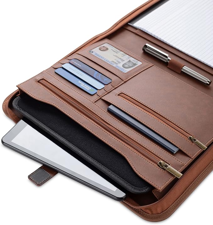 Forevermore Portfolios Padfolio Binder - Professional Faux Leather Travel Organizer Pouch for Tablet, Documents, Presentation Folders, Zipper Closure, Notepad - Brown