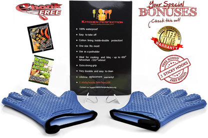 KITCHEN PERFECTION Silicone Smoker Oven Gloves -Extreme Heat Resistant BBQ Gloves -Handle Hot Food Right on Your Smoker Grill Fryer Pit|Waterproof Oven Mitts Grill Gloves |Superior Value Set+3 Bonuses