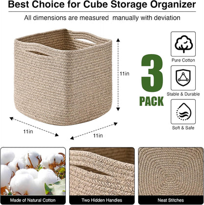 11 Inch Cube Storage Bins, Storage Cube Organizer Bins, Woven Cotton Rope Baskets for Storage, Storage Basket for Organizing Shelves, Square Baskets for Toys Nursery, Brown (Pack of 3)