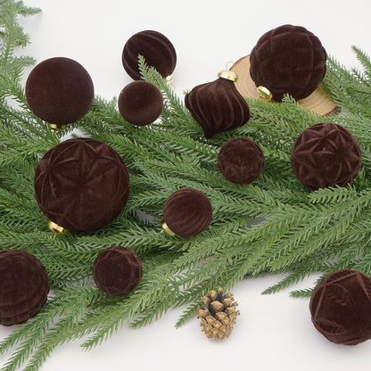 46PCS Velvet Christmas Ball Ornaments Set, Flocked Shatterproof Xmas Tree Decor, Assorted Hanging Ornaments with Loop for Holiday Home Decor, Christmas Tree, Mantel, Party Decoration (Brown)