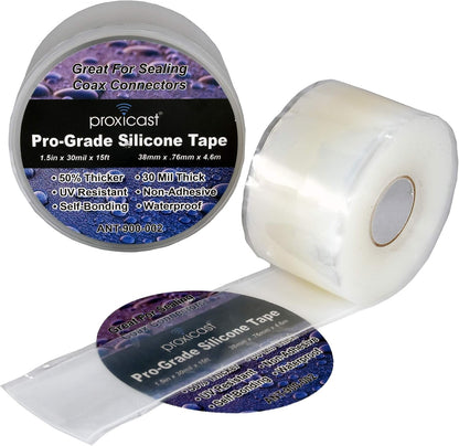 Proxicast Pro-Grade Extra Strong 30mil Weatherproof Self-Fusing Silicone Rubber Sealing Tape For Outdoor Antenna Coax & Electrical Cables, Hose/Pipe Leaks & Emergency Repairs (1.5" x 15' roll) - Clear