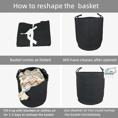 Black Cotton Rope Laundry Basket Hamper for Clothes Woven Storage Basket for Living Room Bedroom Boho Tall Rope Baskets for Blanket Toys Pillow Towels Baby Nursery Hamper Bin Large
