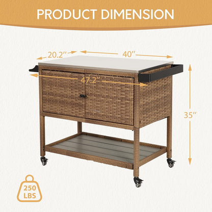 Wicker Outdoor Bar Cart with 4 Lockable Casters, Patio Prep Stainless Table with 2 Ratten Doors Storage Cabinet,Island Cart with WPC Shelf for Grill, Kitchen and Garden, Brown
