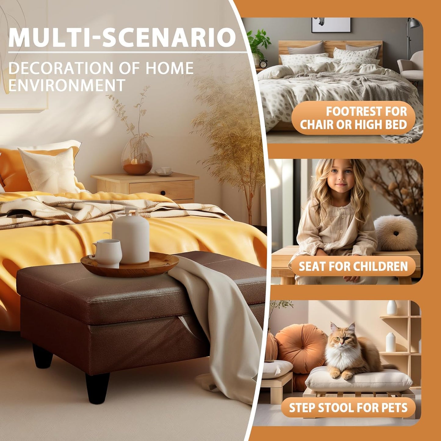 Ottoman Rectangular Storage Ottoman Bench, Faux Leather Footrest, Coffee Table, Stool Footstool with Hinged Lid for Living Room, Bedroom, Entryway, Brown, 28.5"x19"x17.5"