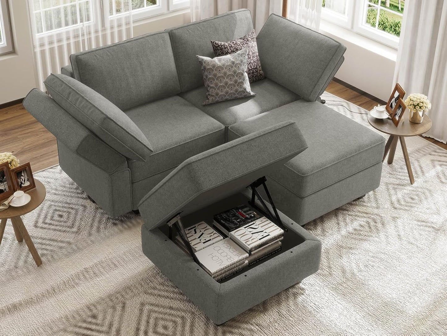 Bellfin Modular Sectional Sleeper Sofa Convertible Sofas with Storage Ottomans Small Sectional Couches for Living Room. Light Grey Couch