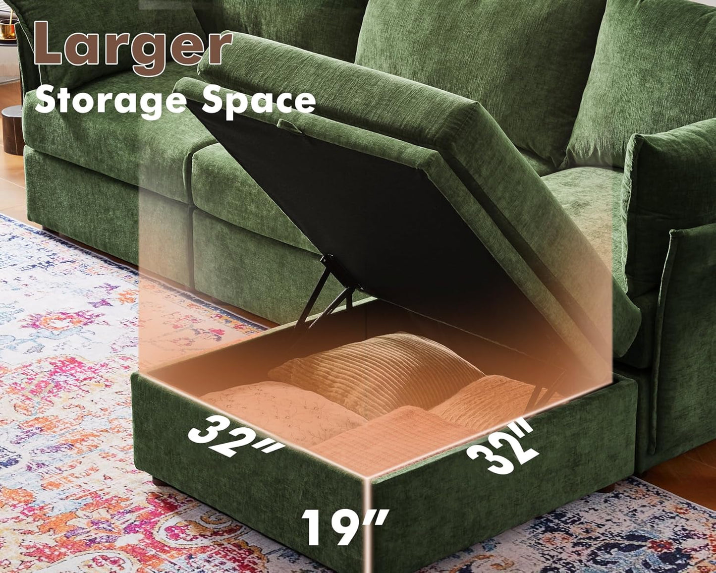 Luxury Modular Sectional Sofa, L-Shaped 3-Seat Couch with Storage Ottoman Deep Seat & Reversible Chaise Lounge Chenille Green for Compact Spaces, Apartments, Dorm