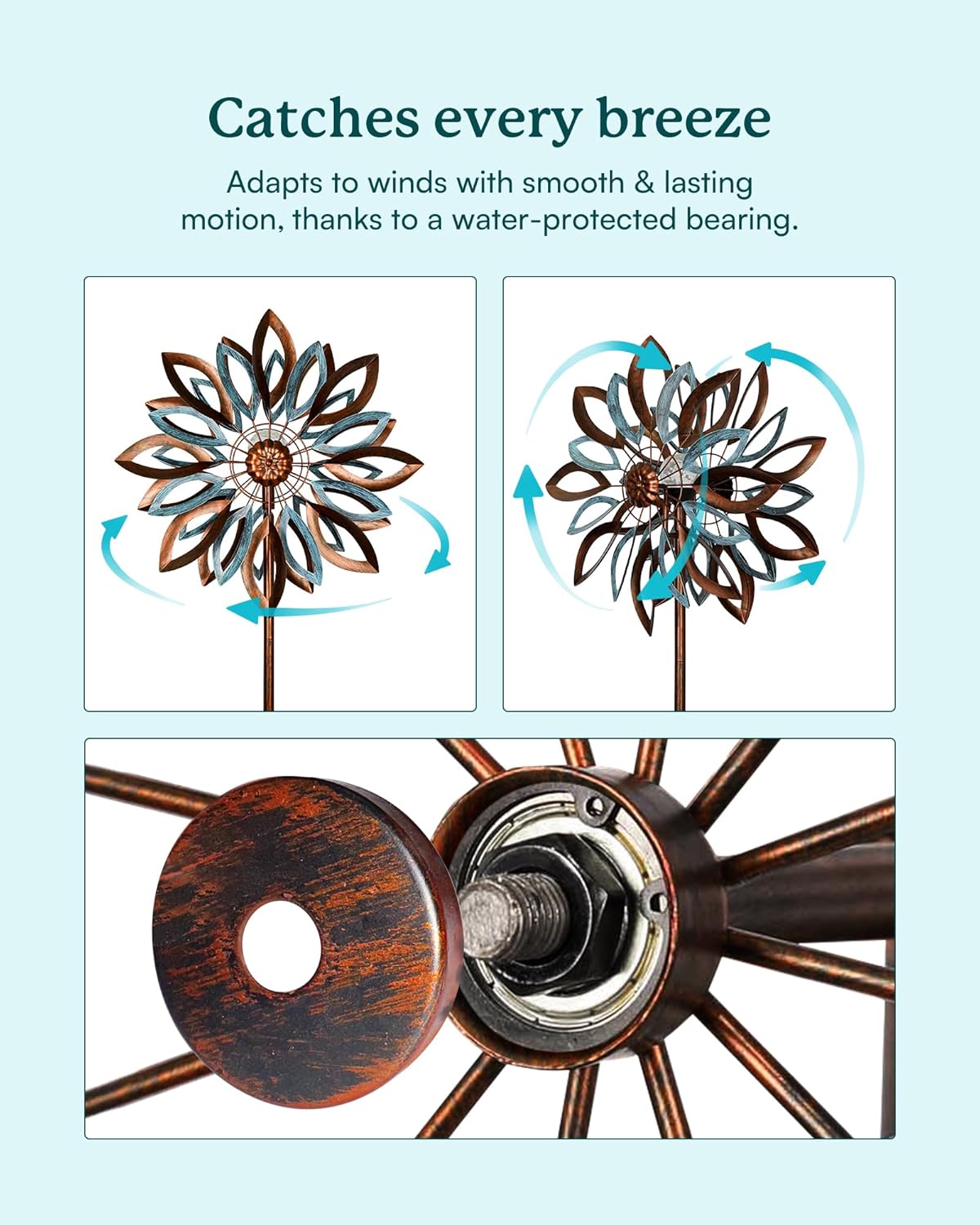 Yard Garden Wind Spinners with Solar Lights, Large Outdoor Metal Wind Spinners, Lawn Yard Art Garden Decor (22" W x 87" H)