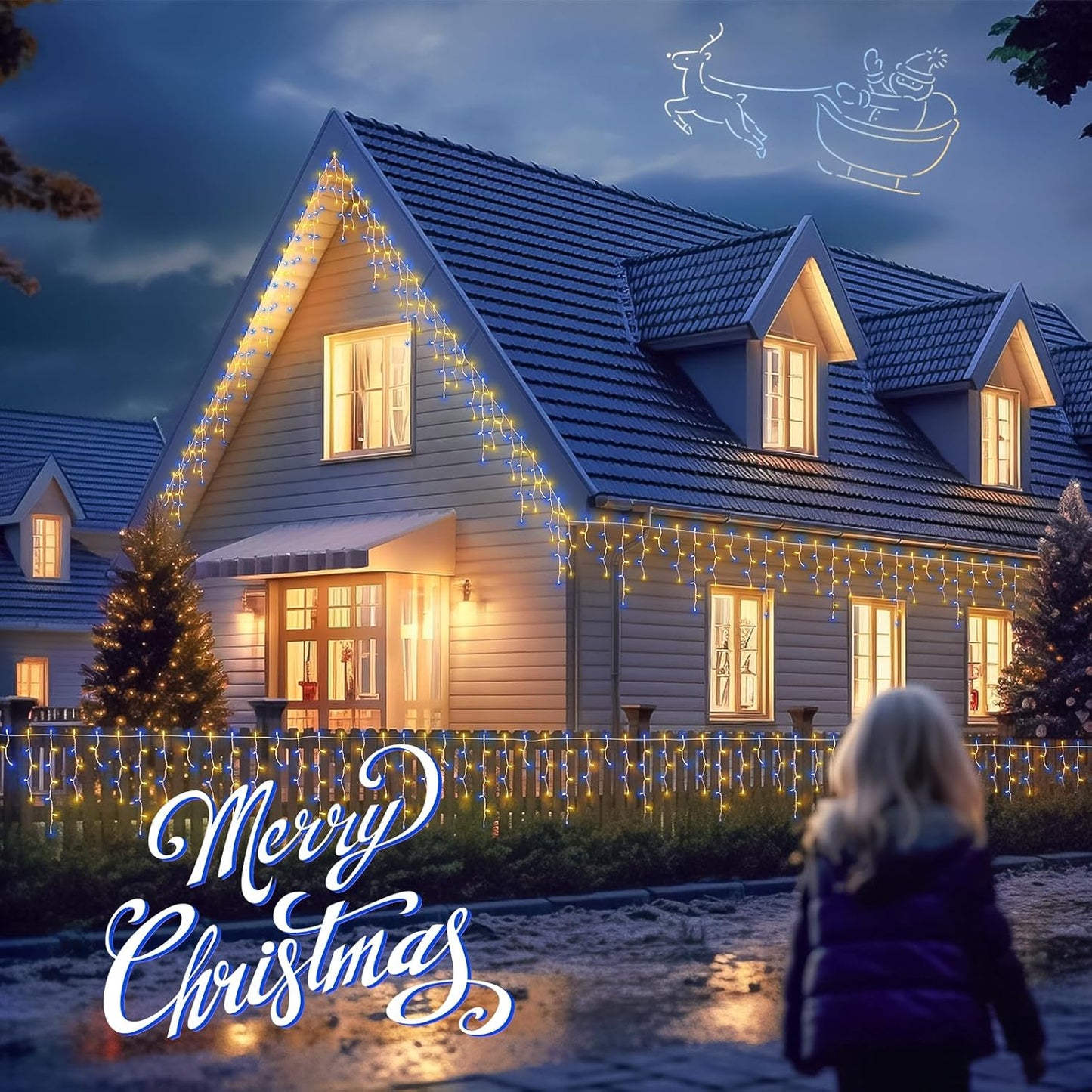 200ct Blue&Clear Mini Icicle Christmas Lights, 23FT White Wire Incandescent Bulb String Lights, Connectable Indoor Outdoor for Eaves, Window, Curtain, Party, Wedding