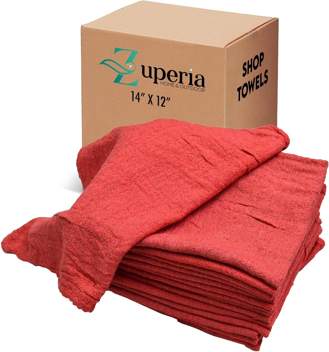 ZUPERIA Cotton Shop Towel – Multipurpose Cleaning Cloths (14" x 12" - Pack of 100 - Red) Reusable Shop Rags for Automobiles, Industrial, Restaurants, Garage, and Homes