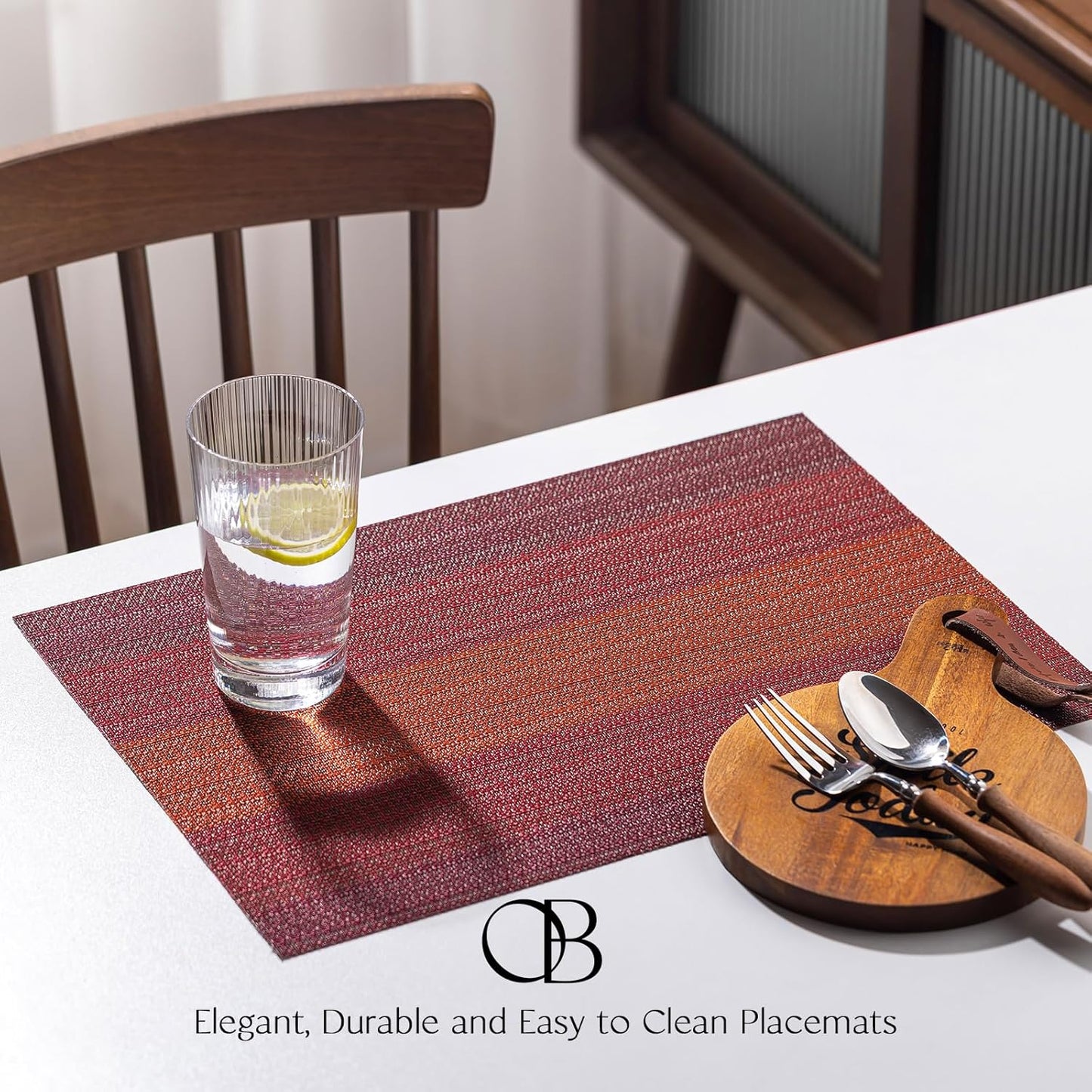 Placemats Set of 8 - Easy Clean Woven Vinyl Placemats for Dining Table, Indoor/Outdoor Place Mats, Washable PVC Table Mats（Pomegranate Parade）