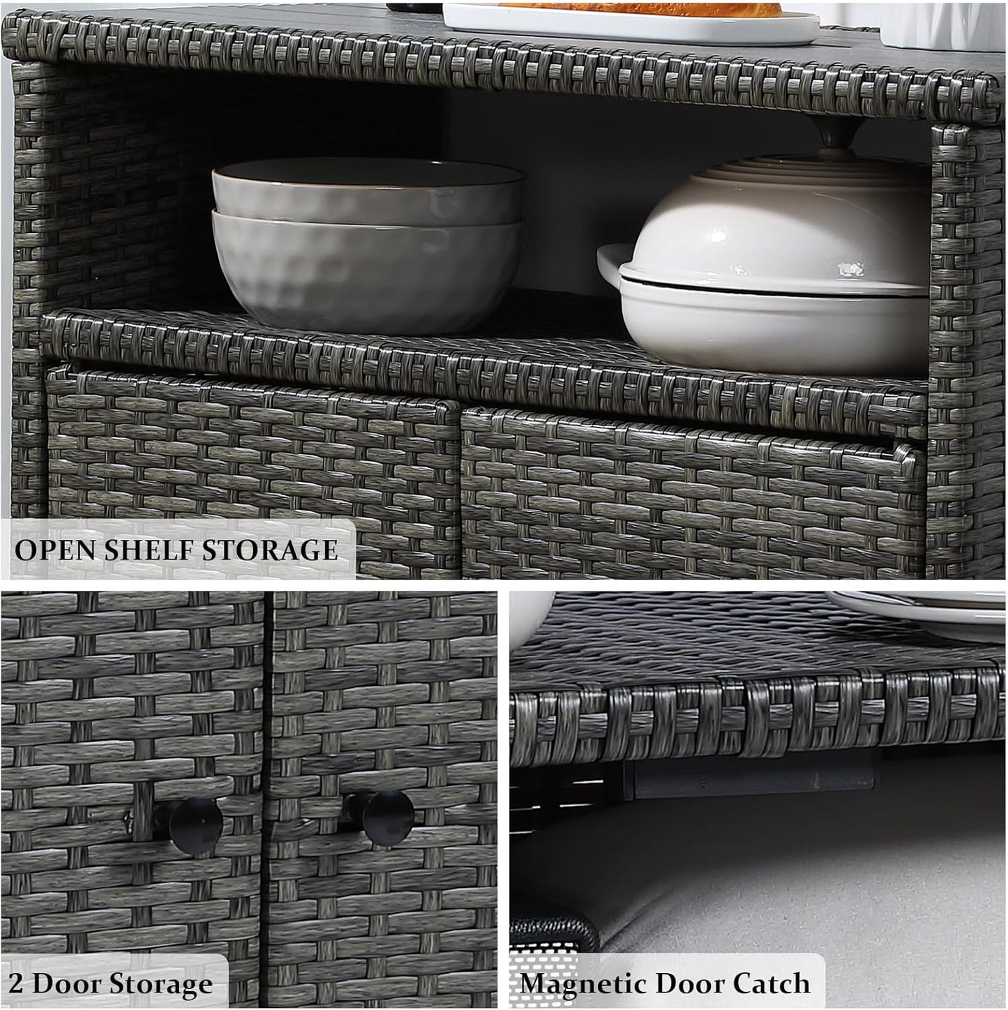 Outdoor Wicker Storage Cabinet,Patio Bar Table with Wheel, Outdoor Buffet Cabinet Movable, Garden Weather-Proof Bar Table/Cart for Indoor&Outdoor (Morden Gray)