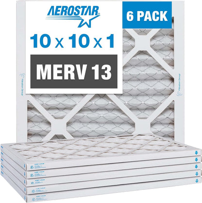 Aerostar 10x10x1 MERV 13-6 Count - Pleated Furnace & Air Conditioner Filters - Removes Bacteria, Dust, Cold & Flu Germs, Lint, Mold, Pet Dander, Allergy-Causing Pollen, Smog, Smoke & Viruses