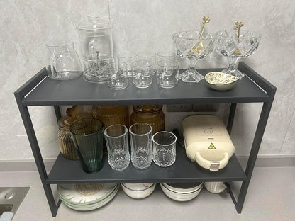 2 Tier Expandable Cabinet Shelf Organizer 14.5-25" L Kitchen Counter Shelf Rack Stand Sink Riser Countertop Storage Black (Normal 7.9”D)