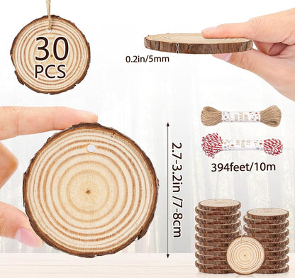 30 PCS Natural Unfinished Wood Crafts, 2.7" - 3.1" WoodRounds with Hole, Wood Ornaments WoodCircles for Crafts Doodle, Splice, Paint, Art, Decorate