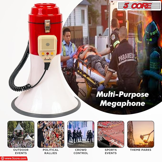 5 CORE Megaphone 60W Bull Horn Professional PA Speaker w 1200 Yards Range Loud Siren Voice Amplifier USB/SD/3.5mm Aux Portable Megafono for Emergency Outdoor Sports and Coaches - 77SF