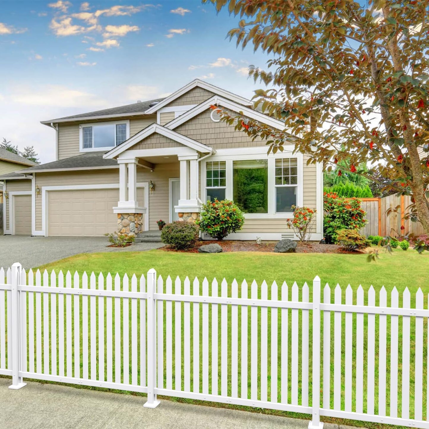 Patio 8 Sets Vinyl Picket Fence Panels 36" H x 84" W White PVC Decorative Fence for Front Yard Porch Patio Deck Pool Air Conditioner Fence Safety Dog Fence (34 Pickets, Straight)