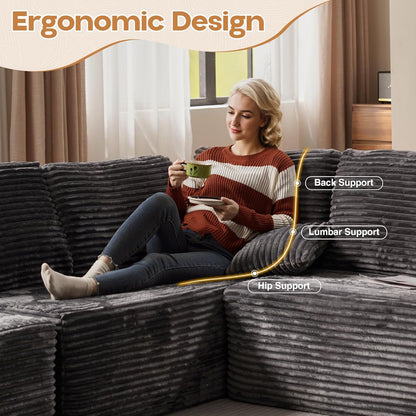 Cloud Sectional Couches for Living Room,U Shaped Modular Sofas No Assembly,165x107 Inches Plush Corduroy Oversized Floor Couch Set with Deep Seat Chaise,Grey