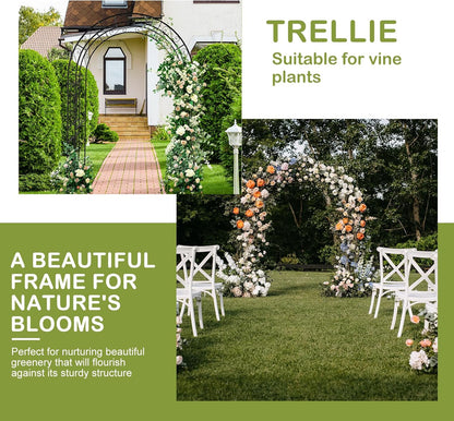 Outvita 7FT Garden Arch Arbor with Entry Door, Heavy Duty Metal Arbour Archway, Decorative Frame Stand Trellis with Ground Stakes for Wedding Ceremony Party Plant Climbing Rose Vines Patio Black