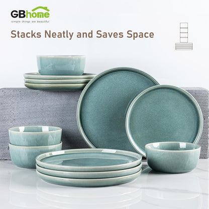 GBHOME Ceramic Dinnerware Sets for 4, 12 Pieces Stoneware Plates and Bowls Sets, Scratch Resistant Dishes, Dishwasher & Microwave Safe, Reactive Glaze-Malachite Green