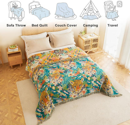 MSGKV Throw Blanket for Couch Cotton Muslin Breathable Leopard Animals Blanket 50"x60" Sofa Chair Blankets for All Seasons Lightweight Farmhouse Blankets Home Decor