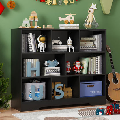 Book Shelf Set of 2, 8 Cubes Storage Organizer, 3-Tier Open Shelf Wooden Bookcase, Freestanding Balck Bookshelf Cube Shelf for Bedroom, Living Room, Home Office