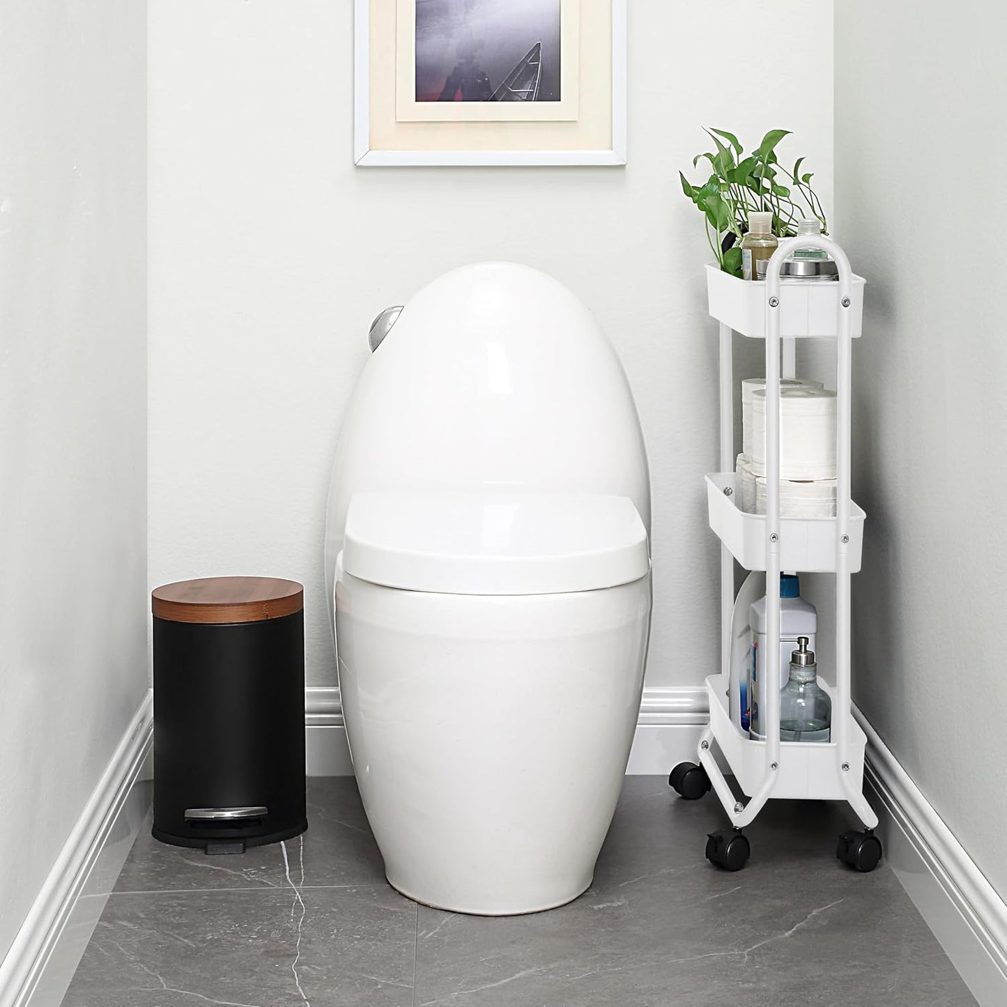 SunnyPoint Slim Rolling Storage Cart, 3 Tier Bathroom Storage Organizer Bathroom, Laundry Utility Cart (White)