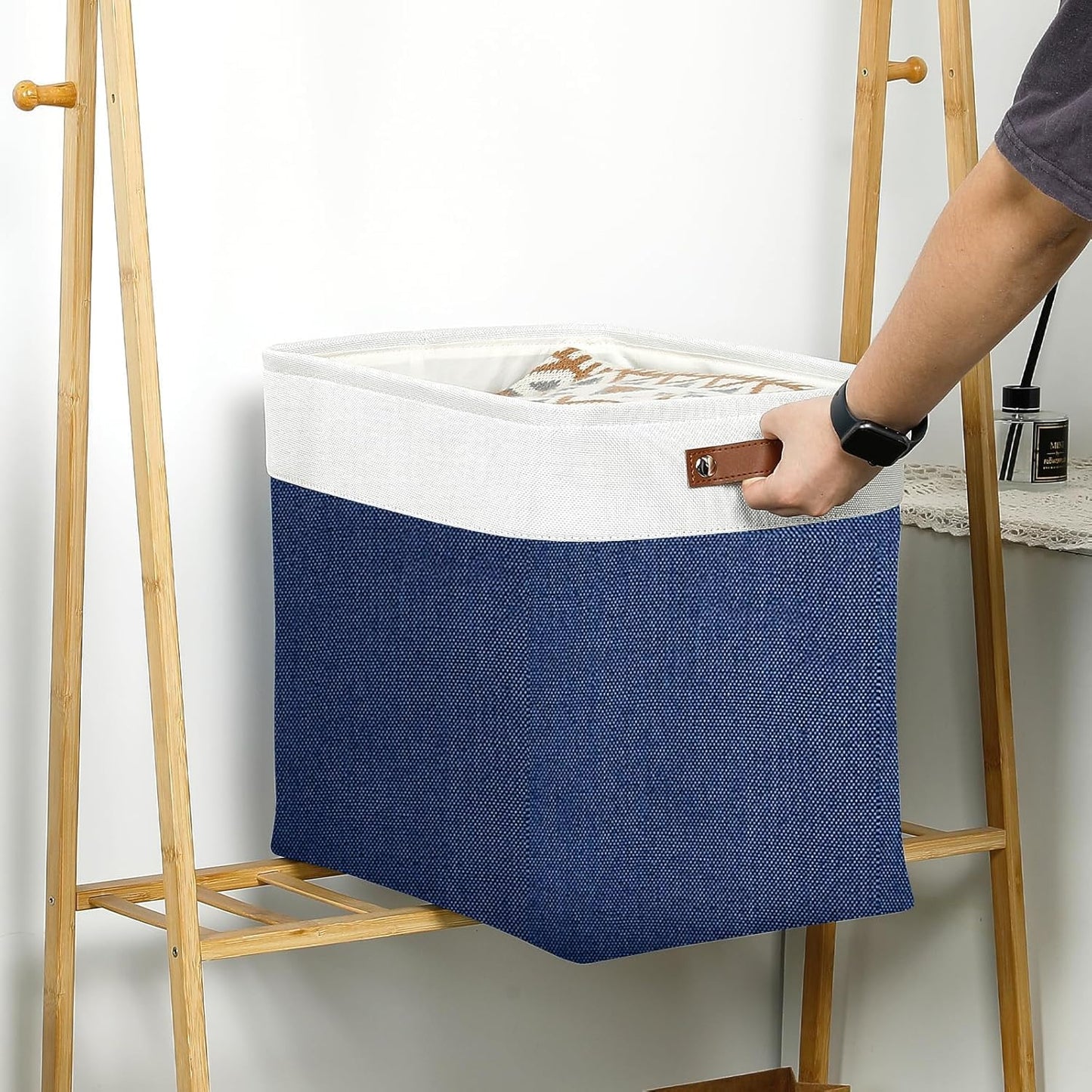 DULLEMELO Large Storage Basket 17"x12"x15",Fabric Organizer Bin for Storage Clothes, Toys, Books,Storage Bin with Handles for Bedroom, Closet, Nursery (White&Blue,1 Pack)