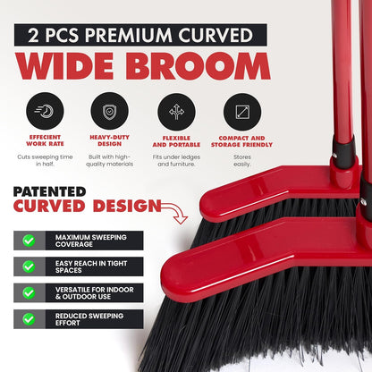 Da Vinci Curved Angle Broom (2) - Sturdy Wide Broom for Indoor/Outdoor Sweeping, Heavy Duty Steel Telescopic Handle, Durable PVC Bristles, Ideal for Pet Hair, Dust, Kitchen & Rough Surfaces