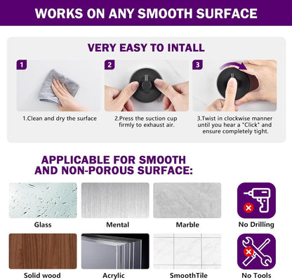 JOMOLA Stainless Steel Bathroom Suction Hooks - No Drill Adhesive-Free Wall Mount for Shower, Towel & Robe, Rustproof Metal Hardware with Damage-Free Grip, Matte Black (2-Pack)