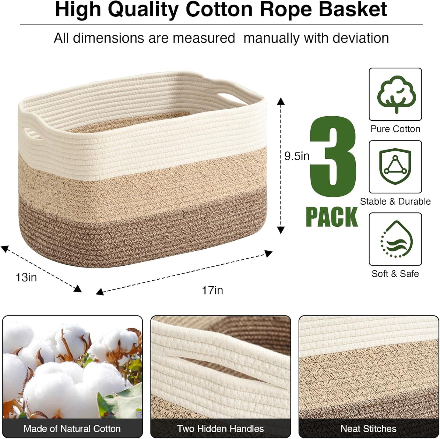 Large Storage Baskets for Organizing Shelves, Woven Cotton Rope Bins for Baby Nursery Organization, Book Toy Towel Organizer, 17"x13"x9.5", 3 Packs, Gradient Brown