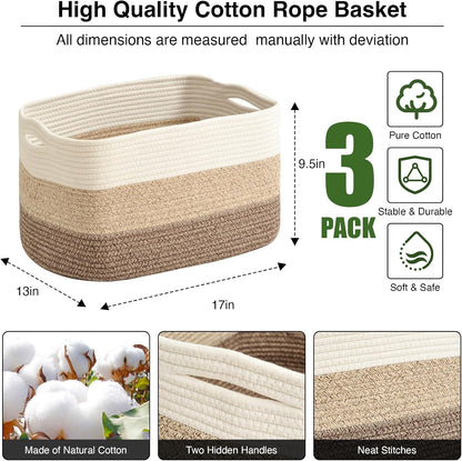Large Storage Baskets for Organizing Shelves, Woven Cotton Rope Bins for Baby Nursery Organization, Book Toy Towel Organizer, 17"x13"x9.5", 3 Packs, Gradient Brown