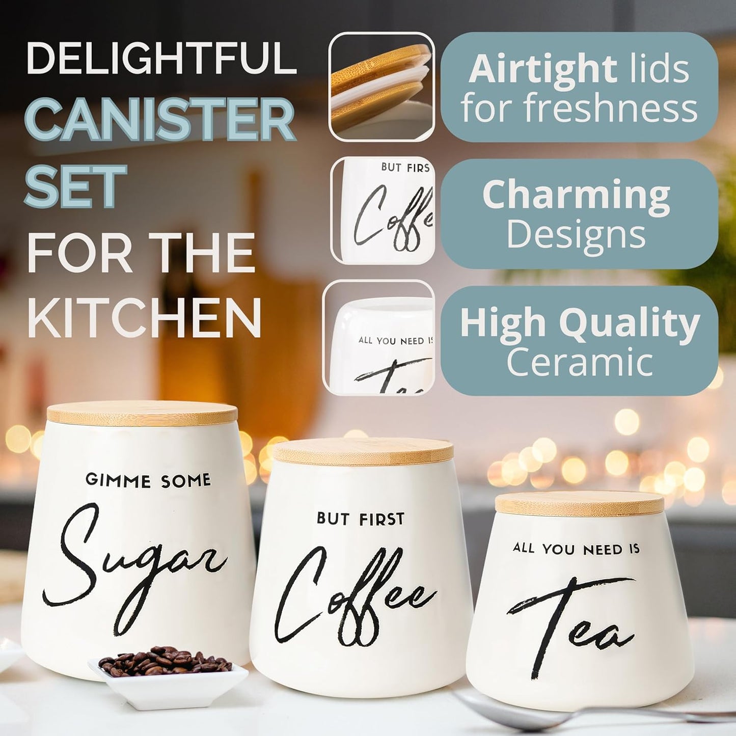 Coffee Tea and Sugar Ceramic Canister Set - 3-Piece Airtight Kitchen Canisters for Countertop - Coffee Bar Container Set