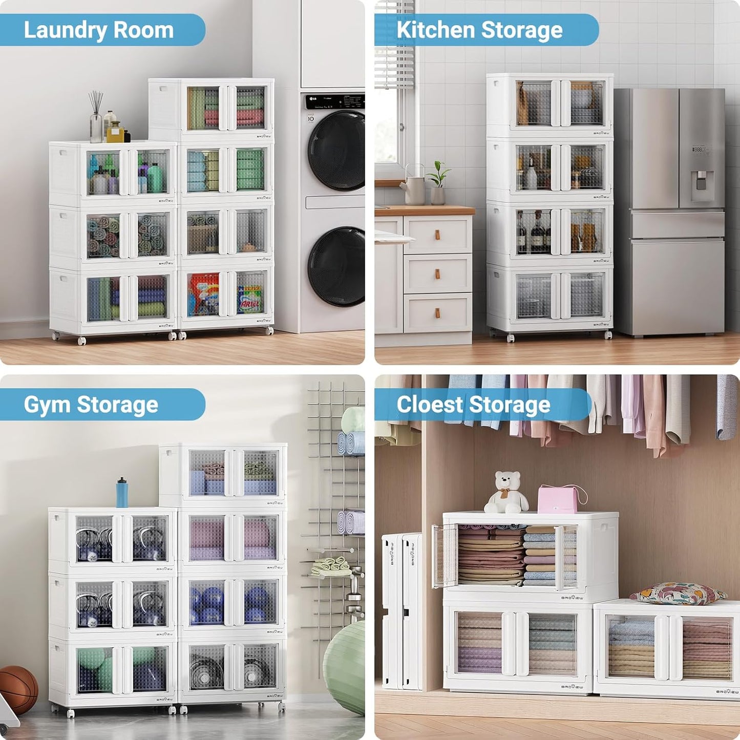 400Qt Stackable Storage Bins with Lids, 100Gal Closet Organizers and Storage Drawer, Plastic Collapsible Storage Bins with Doors, Heavy Duty Store Box Cabinet for Home Kitchen, 4Pack White